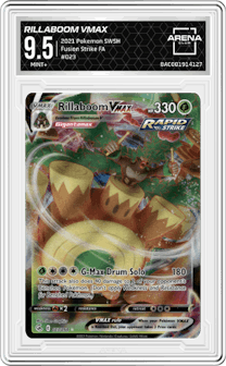 Rillaboom VMAX from the 2021 Pokemon SWSH set graded by Arena Club and given an overall grade of 9.5.