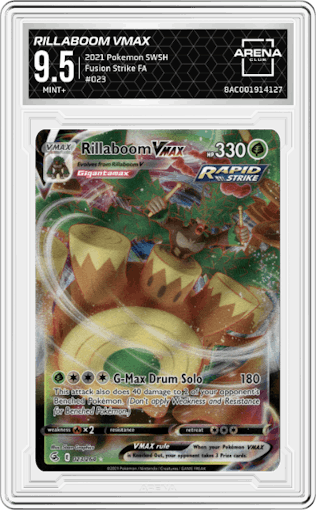 Rillaboom VMAX from the 2021 Pokemon SWSH set graded by Arena Club and given an overall grade of 9.5.