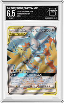 Moltres & Zapdos & Articuno GX from the 2019 Pokemon S&M  set graded by Arena Club and given an overall grade of 6.5.