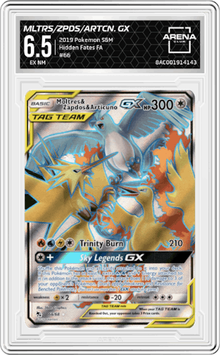 Moltres & Zapdos & Articuno GX from the 2019 Pokemon S&M  set graded by Arena Club and given an overall grade of 6.5.