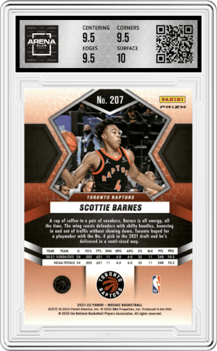 Scottie Barnes from the 2021-22 Panini Mosaic  set featuring a Green Mosaic parallel graded by Arena Club and given an overall grade of 10.