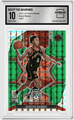 Scottie Barnes from the 2021-22 Panini Mosaic  set featuring a Green Mosaic parallel graded by Arena Club and given an overall grade of 10.