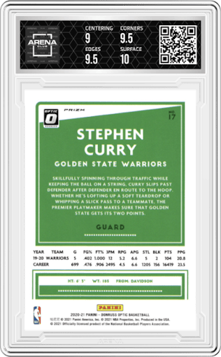 Stephen Curry from the 2020-21 Panini Donruss Optic set featuring a Fanatics Box Set parallel graded by Arena Club and given an overall grade of 9.5.