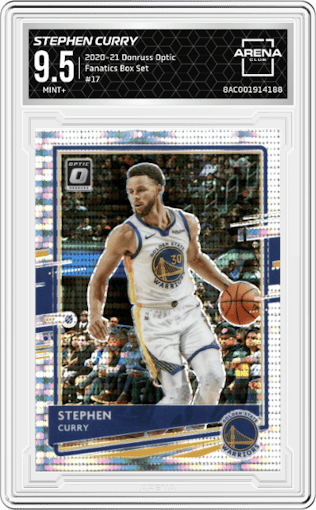 Stephen Curry from the 2020-21 Panini Donruss Optic set featuring a Fanatics Box Set parallel graded by Arena Club and given an overall grade of 9.5.