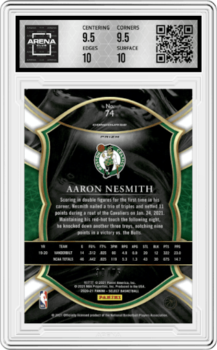 Aaron Nesmith from the 2020-21 Panini Select  set featuring a Neon Green parallel graded by Arena Club and given an overall grade of 10.