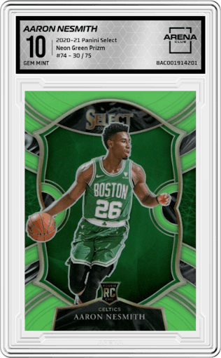 Aaron Nesmith from the 2020-21 Panini Select  set featuring a Neon Green parallel graded by Arena Club and given an overall grade of 10.
