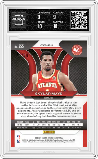 Skylar Mays from the 2020-21 Panini Prizm set featuring a Orange Wave parallel graded by Arena Club and given an overall grade of 9.5.