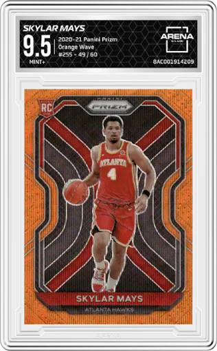 Skylar Mays from the 2020-21 Panini Prizm set featuring a Orange Wave parallel graded by Arena Club and given an overall grade of 9.5.