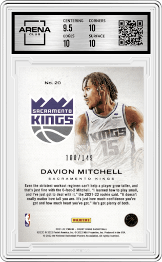 Davion Mitchell from the 2021-22 Panini Court Kings set featuring a Ruby parallel graded by Arena Club and given an overall grade of 10.