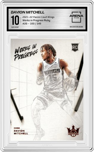 Davion Mitchell from the 2021-22 Panini Court Kings set featuring a Ruby parallel graded by Arena Club and given an overall grade of 10.