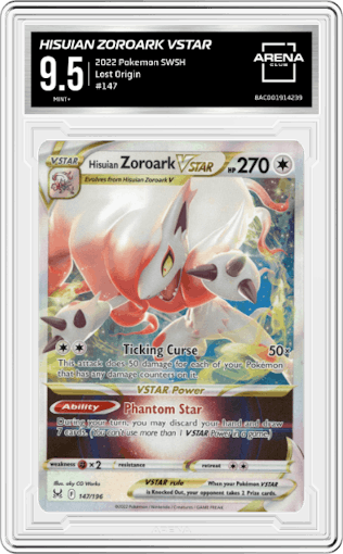Hisuian Zoroark VSTAR from the 2022 Pokemon SWSH set graded by Arena Club and given an overall grade of 9.5.