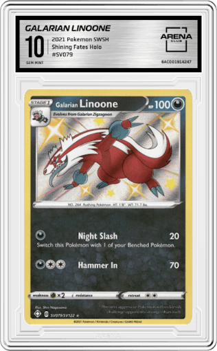 Galarian Linoone from the 2021 Pokemon SWSH set graded by Arena Club and given an overall grade of 10.