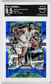 Bill Russell from the 2019-20 Panini Prizm set featuring a Blue Ice parallel graded by Arena Club and given an overall grade of 9.5.