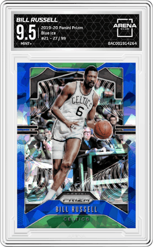 Bill Russell from the 2019-20 Panini Prizm set featuring a Blue Ice parallel graded by Arena Club and given an overall grade of 9.5.