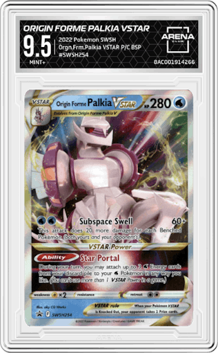 Origin Forme Palkia VSTAR from the 2022 Pokemon SWSH set featuring a Origin Forme Palkia VSTAR Premium Collection parallel graded by Arena Club and given an overall grade of 9.5.