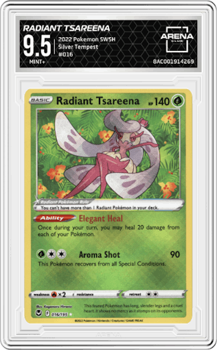 Radiant Tsareena from the 2022 Pokemon SWSH set graded by Arena Club and given an overall grade of 9.5.