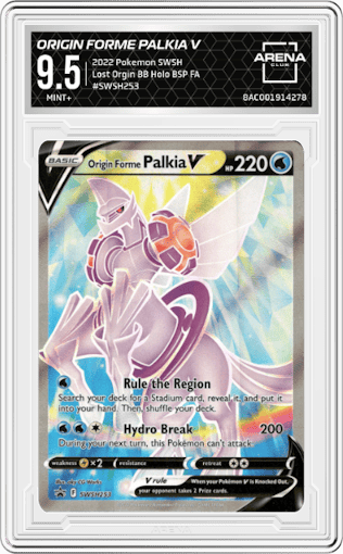 Origin Forme Palkia V from the 2022 Pokemon SWSH set featuring a Lost Origin Build & Battle Boxes parallel graded by Arena Club and given an overall grade of 9.5.