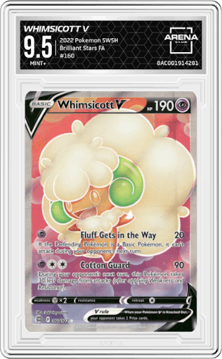Whimsicott V from the 2022 Pokemon SWSH set graded by Arena Club and given an overall grade of 9.5.