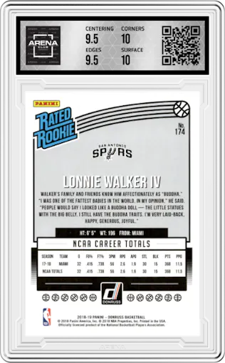 Lonnie Walker IV from the 2018-19 Panini Donruss  set graded by Arena Club and given an overall grade of 10.