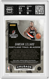 Damian Lillard from the 2020-21 Panini Chronicles set featuring a Red parallel graded by Arena Club and given an overall grade of 9.