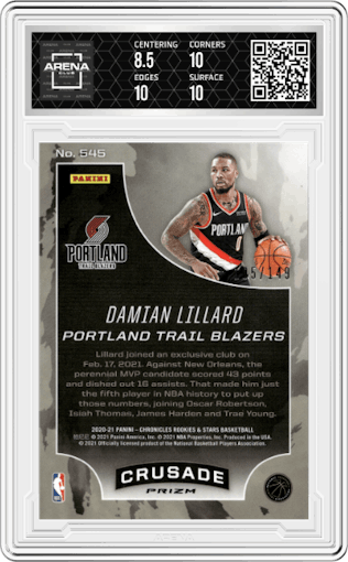 Damian Lillard from the 2020-21 Panini Chronicles set featuring a Red parallel graded by Arena Club and given an overall grade of 9.