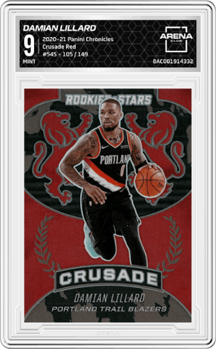 Damian Lillard from the 2020-21 Panini Chronicles set featuring a Red parallel graded by Arena Club and given an overall grade of 9.