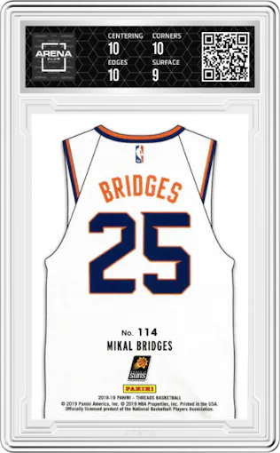 Mikal Bridges from the 2018-19 Panini Threads  set featuring a Premium parallel graded by Arena Club and given an overall grade of 9.5.