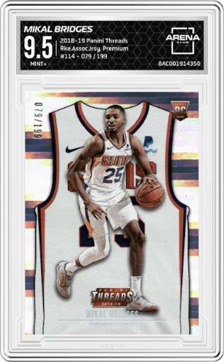 Mikal Bridges from the 2018-19 Panini Threads  set featuring a Premium parallel graded by Arena Club and given an overall grade of 9.5.