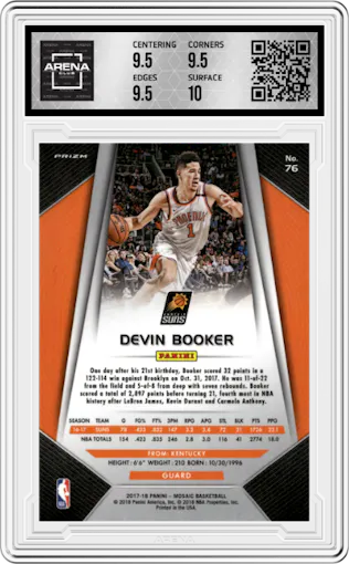 Devin Booker from the 2017-18 Panini Mosaic Prizm  set graded by Arena Club and given an overall grade of 10.