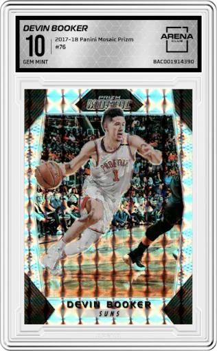 Devin Booker from the 2017-18 Panini Mosaic Prizm  set graded by Arena Club and given an overall grade of 10.