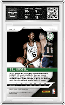 Bill Russell from the 2018-19 Panini Prizm set featuring a Green Prizm parallel graded by Arena Club and given an overall grade of 9.5.