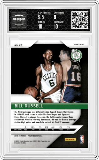 Bill Russell from the 2018-19 Panini Prizm set featuring a Green Prizm parallel graded by Arena Club and given an overall grade of 9.5.