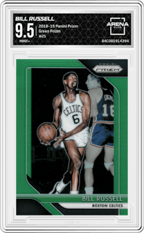 Bill Russell from the 2018-19 Panini Prizm set featuring a Green Prizm parallel graded by Arena Club and given an overall grade of 9.5.
