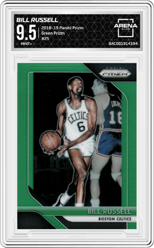 Bill Russell from the 2018-19 Panini Prizm set featuring a Green Prizm parallel graded by Arena Club and given an overall grade of 9.5.