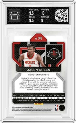 Jalen Green from the 2021-22 Panini Prizm  set graded by Arena Club and given an overall grade of 9.5.