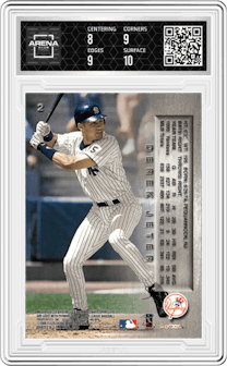 Derek Jeter from the 2000 Skybox Metal set graded by Arena Club and given an overall grade of 8.5.