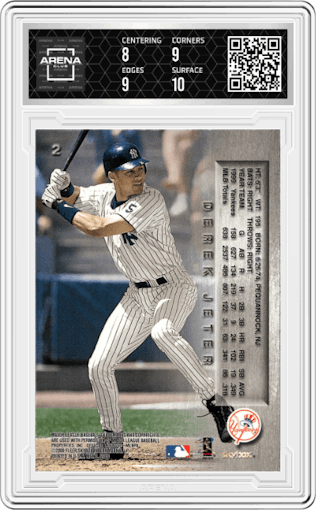 Derek Jeter from the 2000 Skybox Metal set graded by Arena Club and given an overall grade of 8.5.