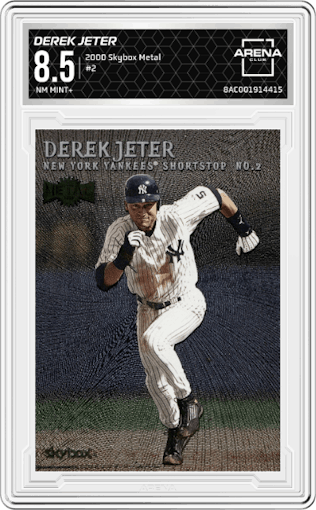 Derek Jeter from the 2000 Skybox Metal set graded by Arena Club and given an overall grade of 8.5.