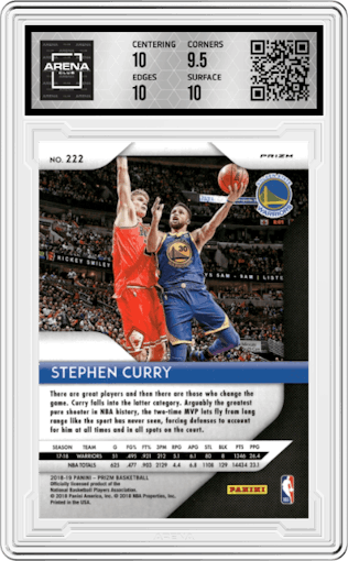 Stephen Curry from the 2018-19 Panini Prizm set featuring a Silver Prizm parallel graded by Arena Club and given an overall grade of 10.