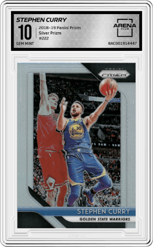 Stephen Curry from the 2018-19 Panini Prizm set featuring a Silver Prizm parallel graded by Arena Club and given an overall grade of 10.