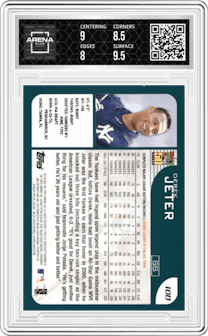 Derek Jeter from the 2001 Topps set graded by Arena Club and given an overall grade of 8.5.