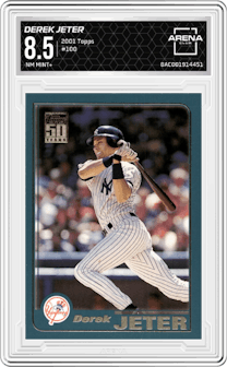 Derek Jeter from the 2001 Topps set graded by Arena Club and given an overall grade of 8.5.