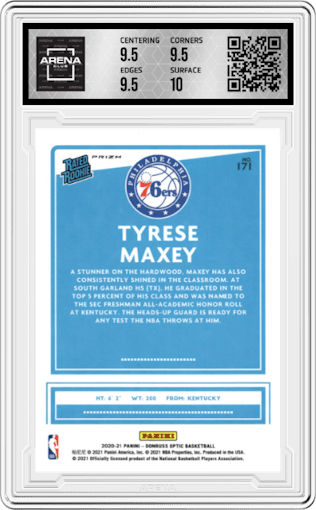 Tyrese Maxey from the 2020-21 Panini Donruss Optic set featuring a Fanatics Box Set parallel graded by Arena Club and given an overall grade of 10.