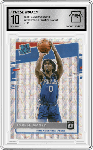 Tyrese Maxey from the 2020-21 Panini Donruss Optic set featuring a Fanatics Box Set parallel graded by Arena Club and given an overall grade of 10.