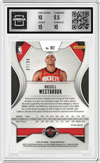 Russell Westbrook from the 2019-20 Panini Prizm set featuring a Blue Ice parallel graded by Arena Club and given an overall grade of 10.