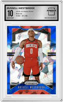 Russell Westbrook from the 2019-20 Panini Prizm set featuring a Blue Ice parallel graded by Arena Club and given an overall grade of 10.