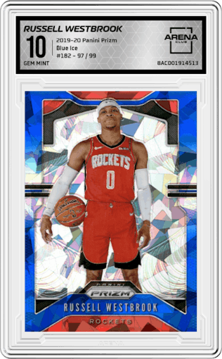 Russell Westbrook from the 2019-20 Panini Prizm set featuring a Blue Ice parallel graded by Arena Club and given an overall grade of 10.