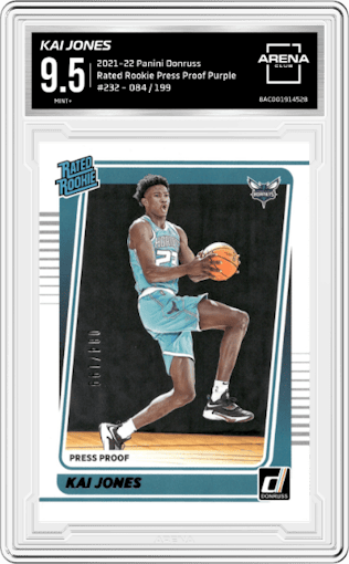 Kai Jones from the 2021-22 Panini Donruss set featuring a Purple Press Proof parallel graded by Arena Club and given an overall grade of 9.5.