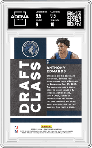 Anthony Edwards from the 2020-21 Panini Contenders set featuring a Red parallel graded by Arena Club and given an overall grade of 9.5.