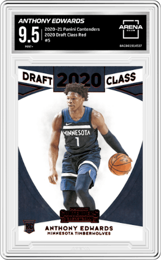 Anthony Edwards from the 2020-21 Panini Contenders set featuring a Red parallel graded by Arena Club and given an overall grade of 9.5.